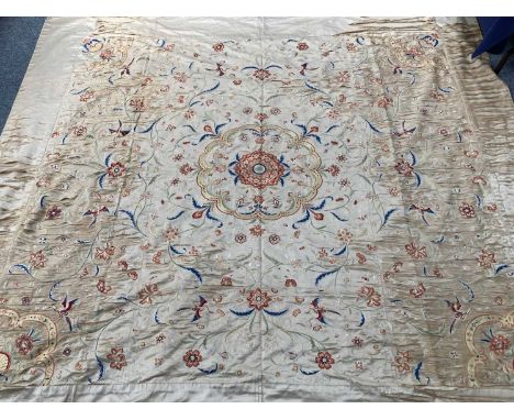 20th Century Soldiers Embroidery Industry Silk Curtain Worked in the Chinese Style, with large central multi petalled flower 