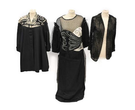 Circa 1980s Zandra Rhodes London Evening Dress, incorporating a black and cream silk bodice embellished with beads and embroi