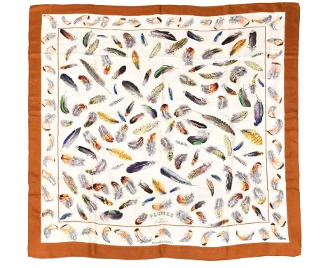 Hermès Silk Scarf, Plumes Designed by Henri de Linarès, on a cream central ground within a dark cream border, 90cm squareScar