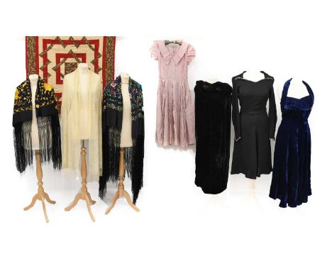 Assorted Early 20th Century Costume and Textiles, comprising a blue silk velvet halterneck dress; black velvet v-neck sleevel