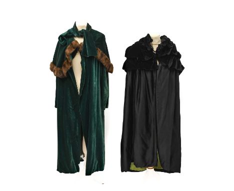 Circa 1920s Green Silk Velvet Evening Coat with single button fastening to the neck, attached scarf tie and shoulder cape wit