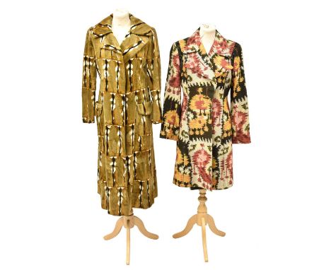 Circa 1970s Morton Myles for Malcolm Charles Faux Animal Print Coat, on a velvet type ground, notched collar, patch pockets, 