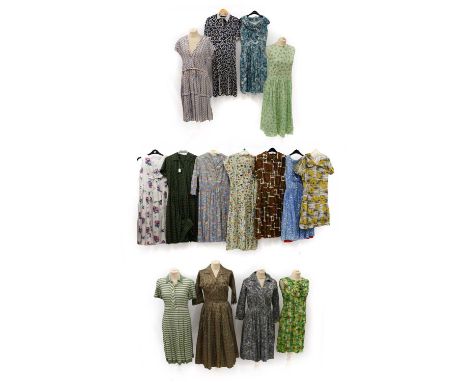 Assorted Circa 1950s Printed Cotton Dresses, comprising Regina Model blue and white linen short sleeve dress; Michael Dress w