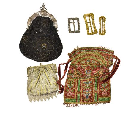 Early 20th Century Evening Bags, comprising a silver mounted hinged evening bag, pierced with figural and floral design, Ches