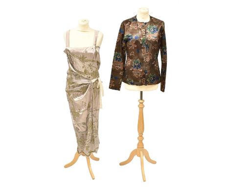 Dries Van Noten Brown Floral Pattern Cotton and Silk Jacket, with hook and eye fastening (size 10), and a Grey Mid-Length Dev