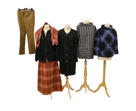 Circa 1970s and Later Knitwear and Coats, comprising a pink check mohair/wool mix long straight skirt (size 16) and matching 