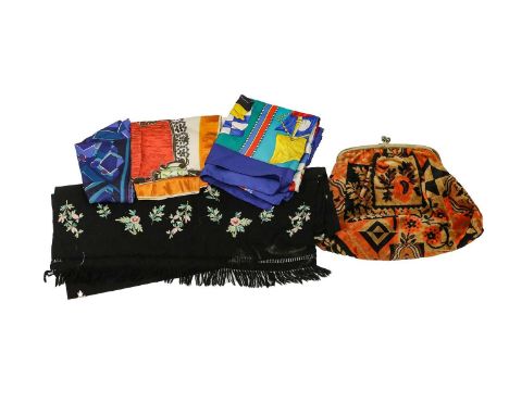 Assorted Ladies Accessories, comprising a Liberty silk scarf in blues and purple, Zandra Rhodes pink and orange stylised pict