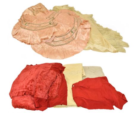 Circa 1930s Bed Covers and Textiles, comprising a cream silk bed cover with machine stitched sun ray designs to each corner w