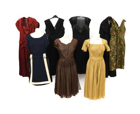 Circa 1950-60s Ladies Costume, comprising a Mansfield Original by Frank Russell navy blue sleeveless shift dress with cream c