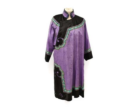 Early 20th Century Purple Figured Silk Chinese Robe with black appliqued mounts, with turqouise and purple silk trims overall