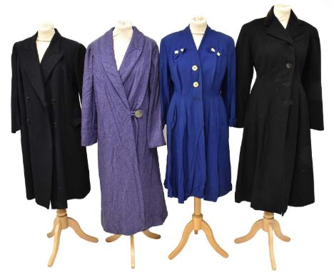 Assorted Circa 1950s Ladies Coats,  comprising a black wool long sleeved coat of tailored shape, with side pockets and a velv