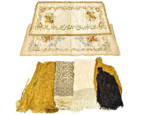 Assorted Costume and Textiles, comprising a 1950s black sequin and beaded sleeveless top; Chinese cream silk shawl with cream