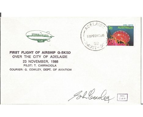 G R Cowley, first recorded person to fly over Adelaide in H. A. B and Airship signed envelope , Adelaide 23rd November 1986. 