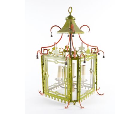 A GREEN DECORATED CHINOISERIE STYLE FOUR LIGHT TOLE LANTERNLate 20th Century  The pagoda shaped top with coral coloured scrol
