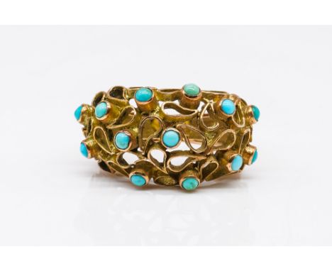 A GOLD AND TURQUOISE RINGIn a scroll pierced abstract design, indistinctly detailed D H 14, ring size N and a half, gross wei