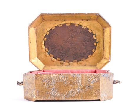 OF GRAND TOUR INTEREST: A GILT-METAL SNUFF BOX WITH PAINTED COPPER PLAQUE19th Century The oblong case chased with flowering s
