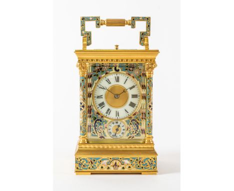 A FRENCH GILT BRASS CHAMPLEVÉ ENAMEL STRIKING AND REPEATING CARRIAGE CLOCKCirca 1900The Anglaise Riche case with five bevelle