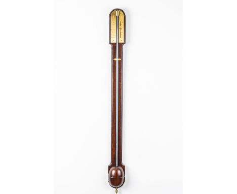 A GEORGE III MAHOGANY STICK BAROMETERUnsignedWith brass scale and vernier, above a plain column and oval cistern cover92cm hi