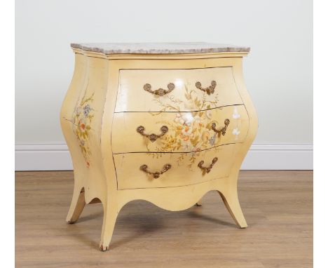 A MARBLE TOP COMMODEOn polychrome floral painted bombe three drawer base, 66cm wide; 42cm deep; 76cm high
