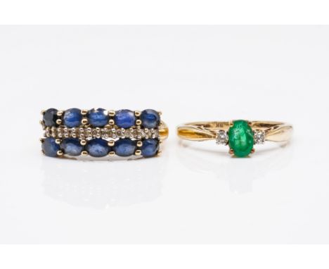 TWO 9CT GOLD AND GEM SET RINGS (2)Comprising;  a sapphire and diamond ring mounted with two rows of five oval cut sapphires a