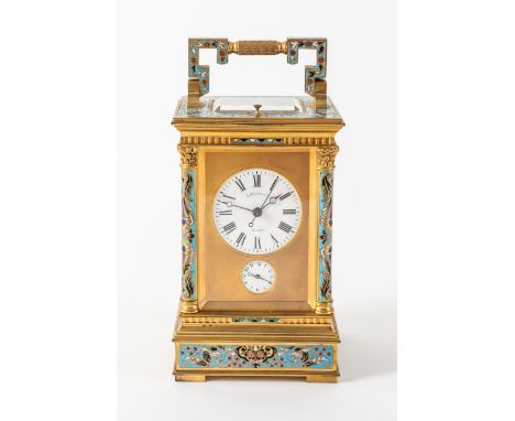 A FINE FRENCH GILT BRASS AND CLOISONNÉ ENAMEL GRANDE SONNERIE STRIKING & REPEATING CARRIAGE CLOCK FOR THE CHINESE MARKETSigne
