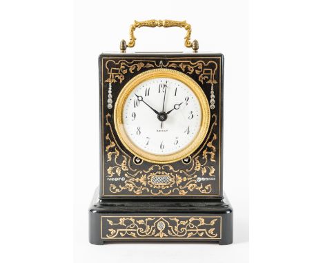 A LOUIS PHILIPPE EBONISED AND BRASS INLAID STRIKING TRAVELLING CLOCK WITH ALARMBy RobertThe rectangular case inlaid with engr