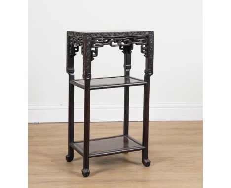 A 19TH CENTURY CHINESE EXPORT MARBLE TOPPED CARVED HARDWOOD JARDINERE STAND42cm wide; 31cm deep; 81cm highCondition report: i