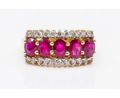 AN 18CT GOLD, RUBY AND DIAMOND RINGClaw set with a row of five oval cut rubies between circular cut diamond set sides, detail