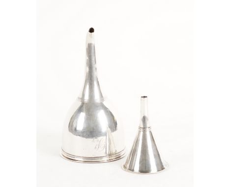 A GEORGE III SILVER WINE FUNNEL AND ANOTHER SMALLER SILVER FUNNEL (2)The wine funnel engraved with the initial R, London 1796