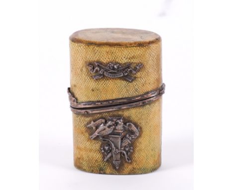 A CONTINENTAL SILVER-GILT MOUNTED ETUI18th Century The cylindrical shagreen case with unmarked silver mounts, the hinged cove