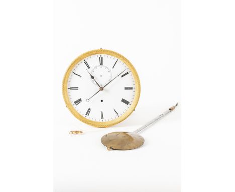 AN UNUSUAL VIENNA REGULATOR MOVEMENT WITH DUPLEX ESCAPEMENT AND PENDULUMCirca 1860The 7in. circular enamel dial with engine-t