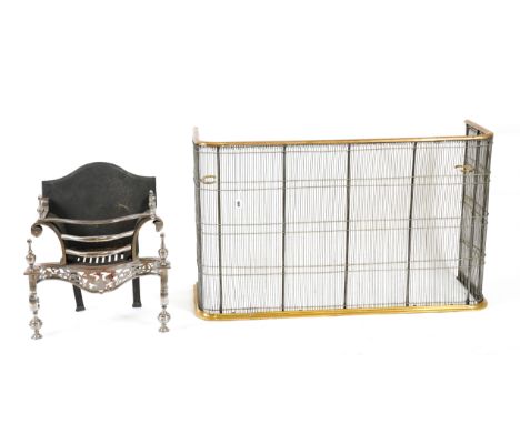 A VICTORIAN BRASS MOUNTED WIRE WORK NURSERY FENDER AND A GEORGE II STYLE STEEL FIRE-GRATE (2)110cm wide; 21cm deep; 71cm high