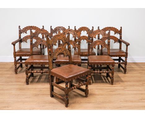 A SET OF TEN CHARLES II STYLE CARVED OAK DINING CHAIRSOn bobbin turned supports to include a pair of carvers 60cm wide; 90cm 