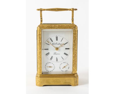 AN EARLY FRENCH ENGRAVED GILT BRASS ONE-PIECE CASE STRIKING CALENDAR CARRIAGE CLOCKRetailed by Charles Oudin, Paris, circa 18