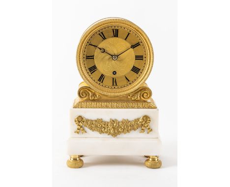 A REGENCY ORMOLU-MOUNTED WHITE MARBLE MANTEL TIMEPIECEBy Cope, Rathbone Place, Oxford Street, LondonThe drum-shaped case with