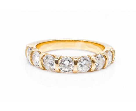 A FRENCH GOLD AND DIAMOND SEVEN STONE HALF HOOP RINGMounted with a row of circular cut diamonds, ring size M and a half and g