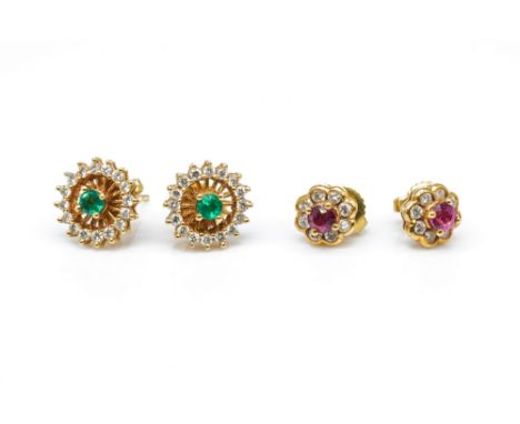 TWO PAIRS OF EARRINGS (2)Comprising; a pair of 18ct gold, emerald and diamond earstuds, each claw set with a circular cut eme