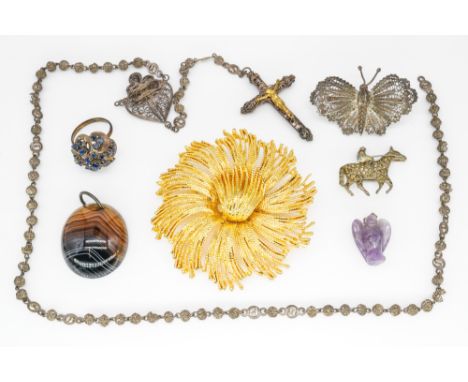 TWO ITEMS OF FILIGREE JEWELLERY AND SIX FURTHER ITEMS (8)Comprising; a butterfly brooch, a rosary, an amethyst quartz angel p