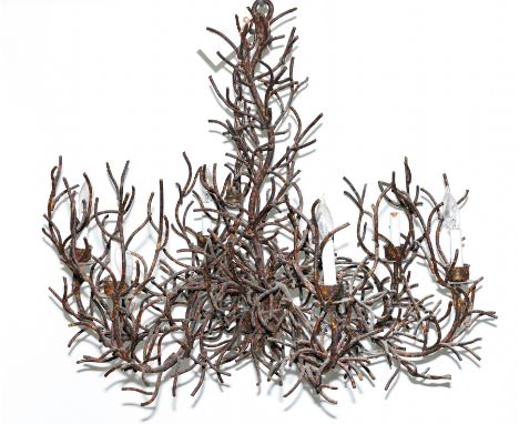 A CAST AND WROUGHT IRON SIX LIGHT CHANDELIERLate 20th Century Modelled in naturalistic form as tree branches, 98cm wide; 77.5