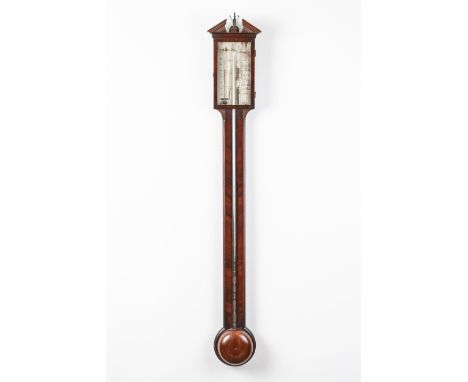 A GEORGE III MAHOGANY STICK BAROMETER AND A VICTORIAN ROSEWOOD STICK BAROMETER (2)The Georgian stick with silvered scale sign