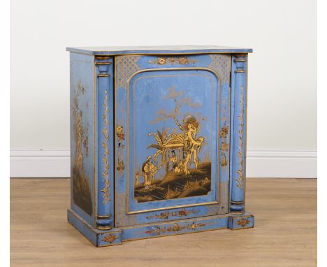 A VICTORIAN AND LATER BLUE CHINOISERIE DECORATED SERPENTINE SIDE CABINET67cm wide; 39cm deep; 74cm highMarks and fading prese