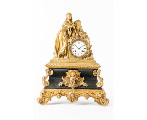 A FRENCH GILTMETAL AND MARBLE MANTEL CLOCKCirca 1880The case modelled with a maiden holding a lyre, with white enamel dial, a