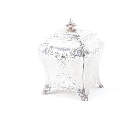 A  GEORGE III SILVER TEA CADDYOf rectangular bombe form, with floral, foliate and scroll embossed decoration, the detachable 