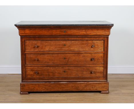 A 19TH CENTURY FRENCH MARBLE TOPPED COMMODEOn mahogany five drawer base 129cm wide; 55cm deep; 95cm high
