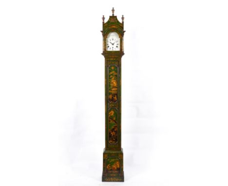 A PARCEL-GILT GREEN LACQUER CHINOISERIE DECORATED QUARTER CHIMING LONGCASE CLOCKIn the George III style, 20th centuryThe slen