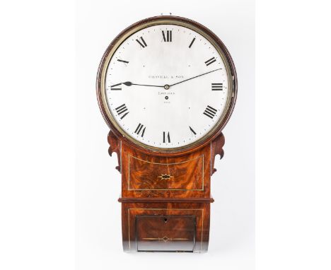 A MAHOGANY AND BRASS LINE INLAID DROP DIAL CLOCKSigned Gravell & Son, London, No. 4042With stepped moulded mahogany dial surr