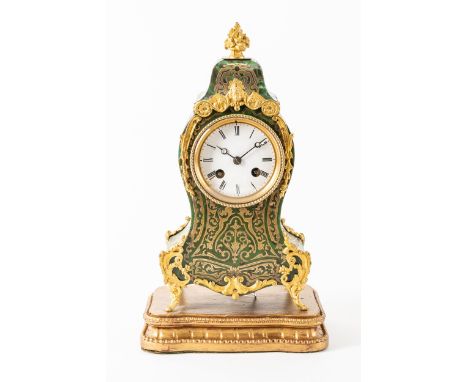 A FRENCH GILT-METAL MOUNTED GREEN-STAINED TORTOISESHELL MANTEL CLOCKIn the Louis XV style, Circa 1880The case of shaped outli