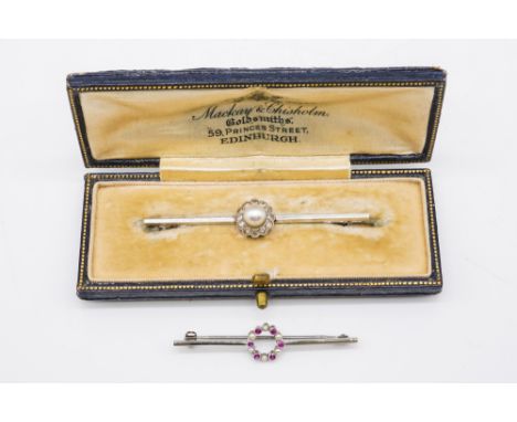 TWO GEM SET BAR BROOCHES (2)Comprising; a white gold and platinum, diamond and cultured pearl cluster bar brooch, mounted wit