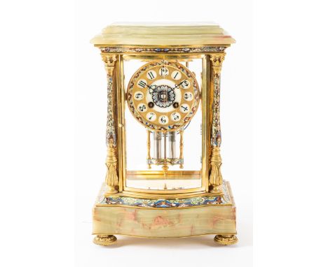 A FRENCH ORMOLU CLOISONNÉ ENAMEL AND ONYX FOUR-GLASS MANTEL CLOCKCirca 1910The case with a serpentine-shaped front, twin balu