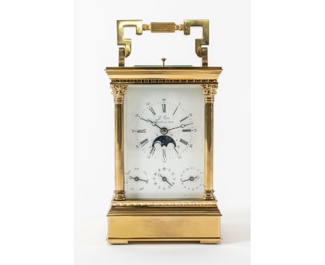 A FRENCH BRASS STRIKING AND REPEATING ALARM CARRIAGE CLOCK WITH MOONPHASE AND CALENDARBy L’Epée, circa 1990The Anglaise Riche